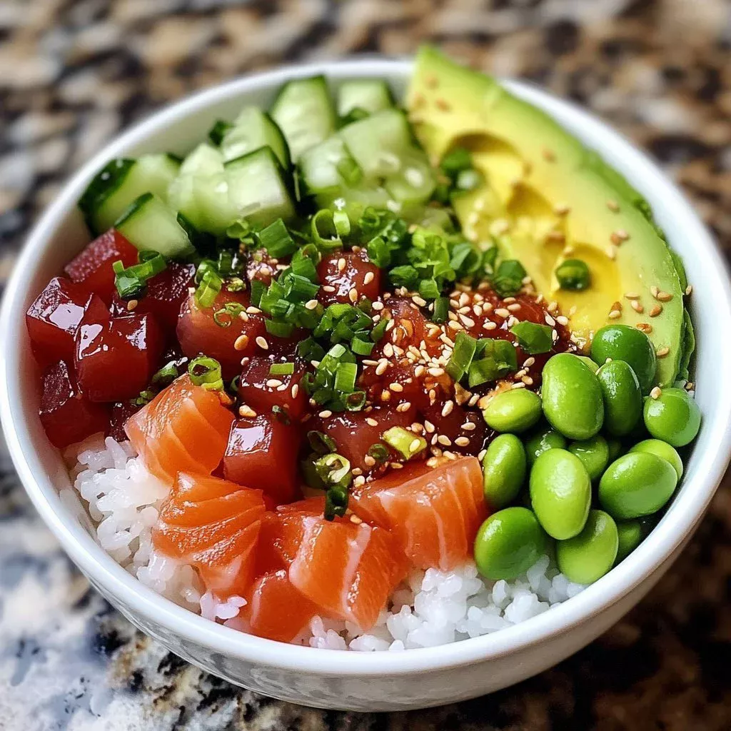 Smoked Watermelon Poke Bowl with fresh tuna and colorful toppings