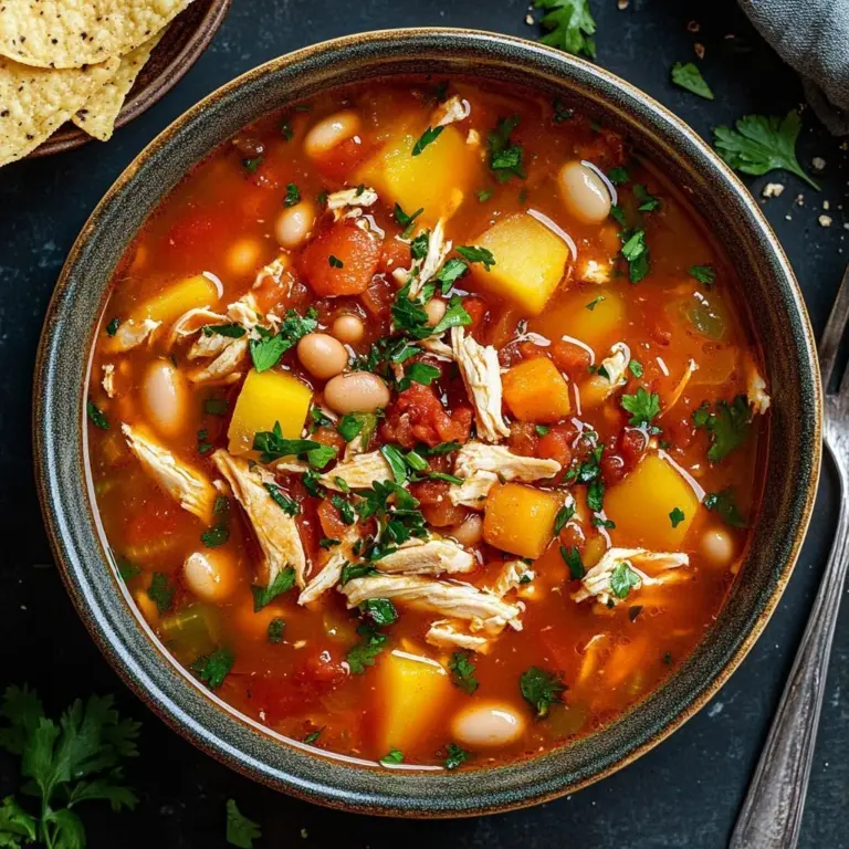 Bowl of smoky barbecue chicken soup garnished with fresh herbs.