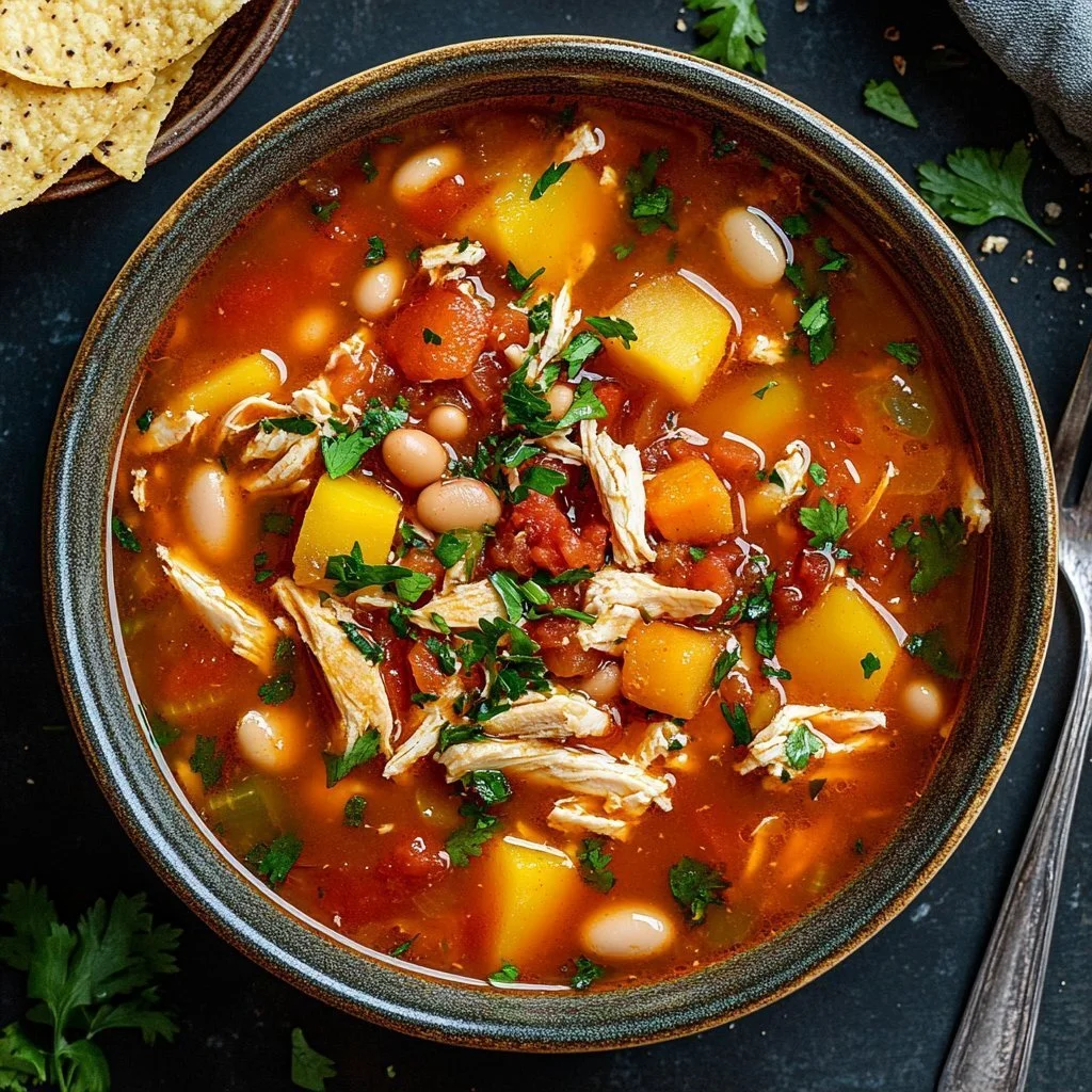 Bowl of smoky barbecue chicken soup garnished with fresh herbs.