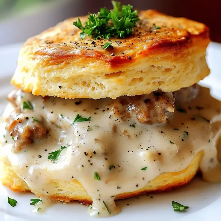 Southern charm sausage gravy served with biscuits on a plate.
