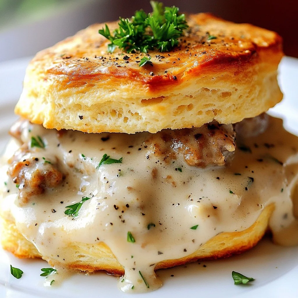 Southern charm sausage gravy served with biscuits on a plate.