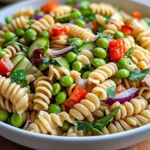 Bowl of Spicy Asian Pasta Salad with fresh veggies and dressing