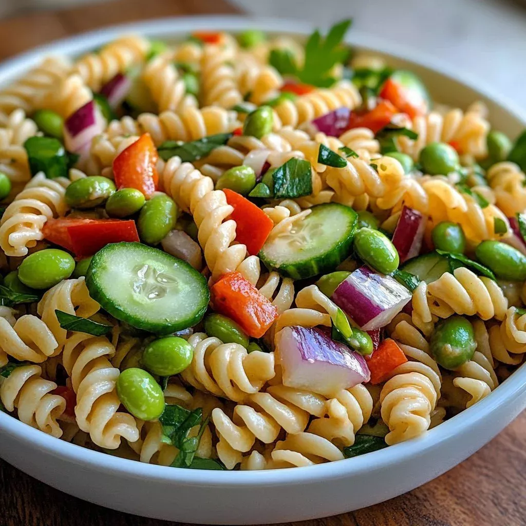 Bowl of delicious Spicy Asian Pasta Salad with colorful vegetables and herbs
