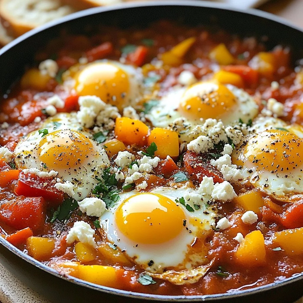 Delicious spicy breakfast shakshuka with eggs and vegetables in a skillet.