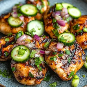 Spicy Mediterranean Chicken served with cucumber salad on a plate.