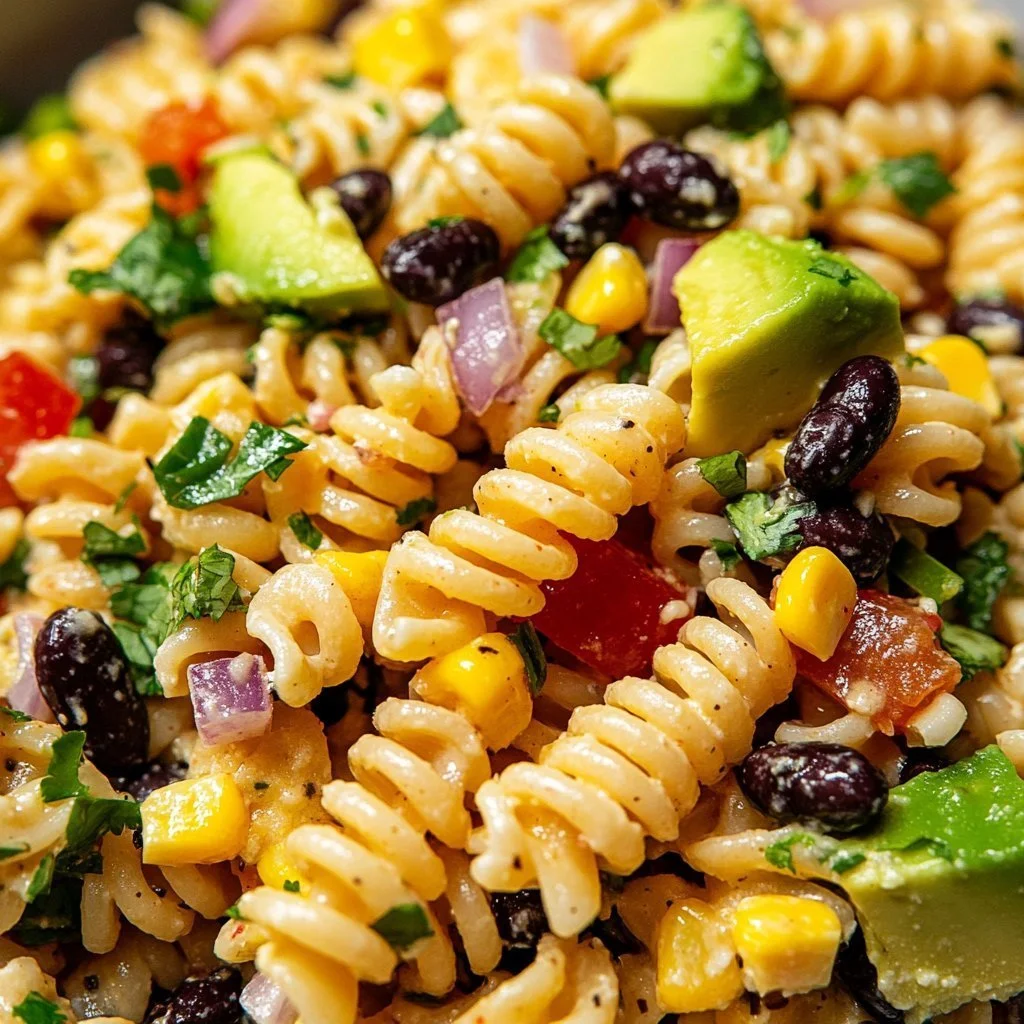 Delicious spicy Mexican pasta salad served in a bowl with vibrant vegetables