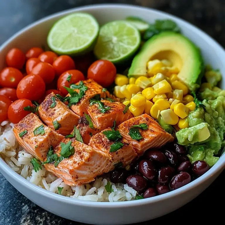 Spicy salmon burrito bowl with vibrant ingredients and spices