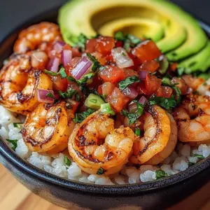 Spicy shrimp dish served with creamy avocado rice on a plate
