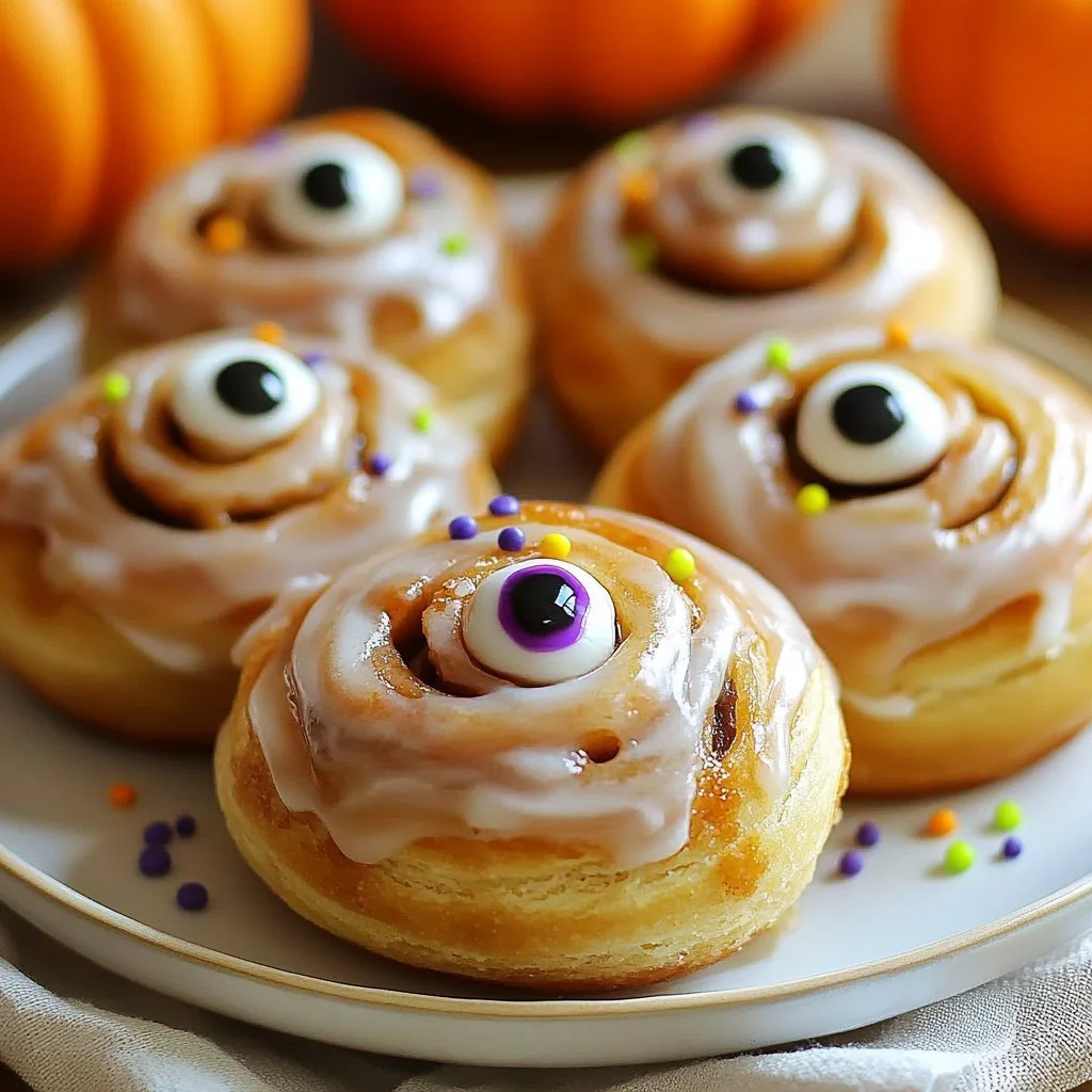 A plate of spooky Halloween cinnamon buns shaped like ghosts and pumpkins