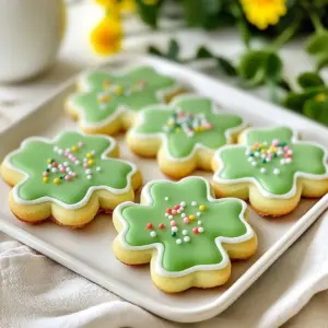 St. Patrick's Day themed sugar cookies decorated with green icing and shamrocks
