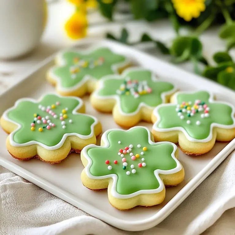 St. Patrick's Day themed sugar cookies decorated with green icing and shamrocks