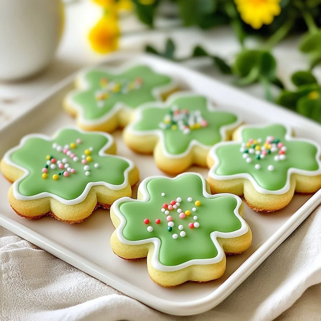 St. Patrick's Day themed sugar cookies decorated with green icing and shamrocks
