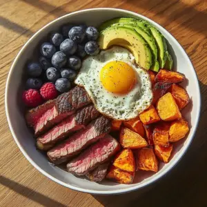 Steak and Sunny Eggs Power Plate, a nutritious breakfast option.
