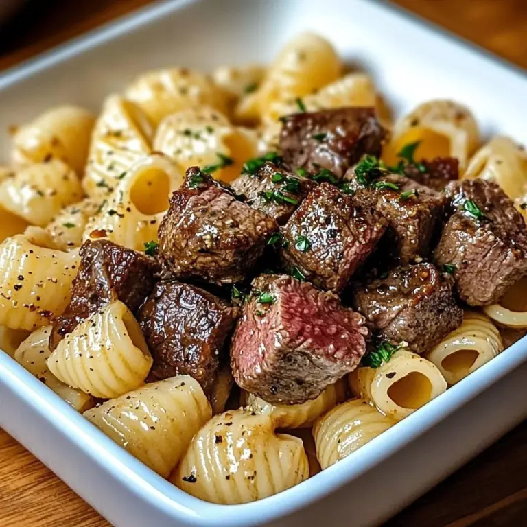 Delicious steak bites served with creamy shell pasta Alfredo in a bowl