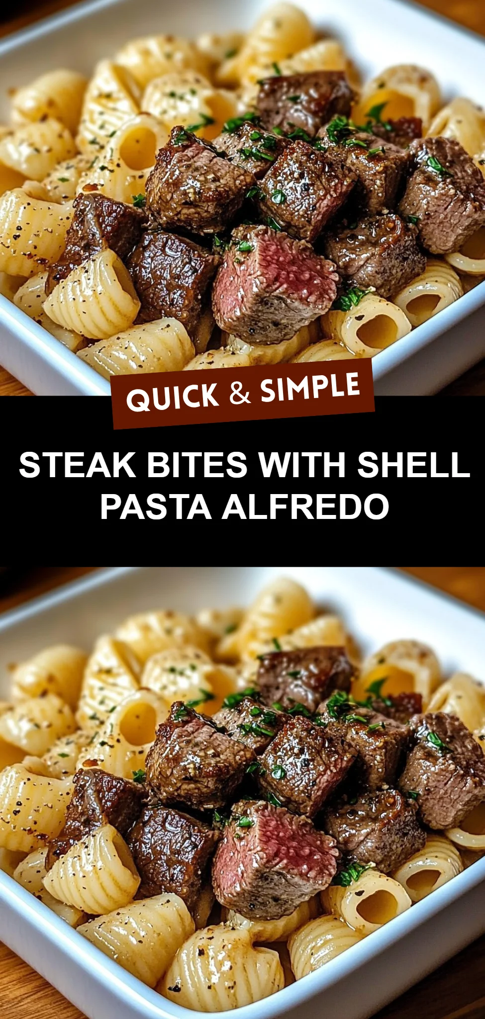 Steak Bites with Shell Pasta Alfredo