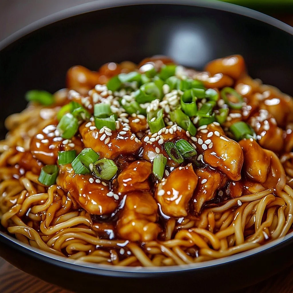 Delicious sticky garlic chicken noodle bowls with fresh ingredients and rich flavors.