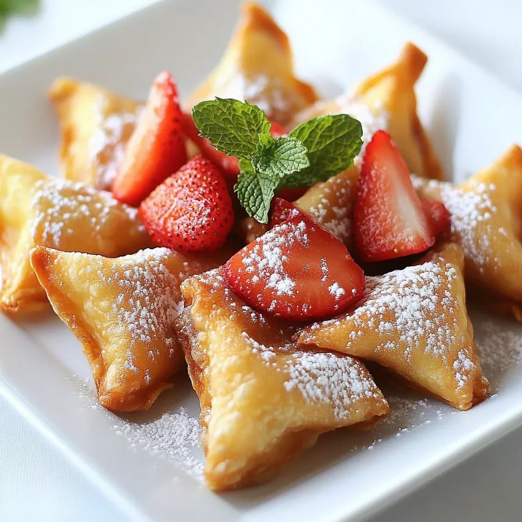 Strawberry Cheesecake Wonton Crunch dessert topped with fresh strawberries