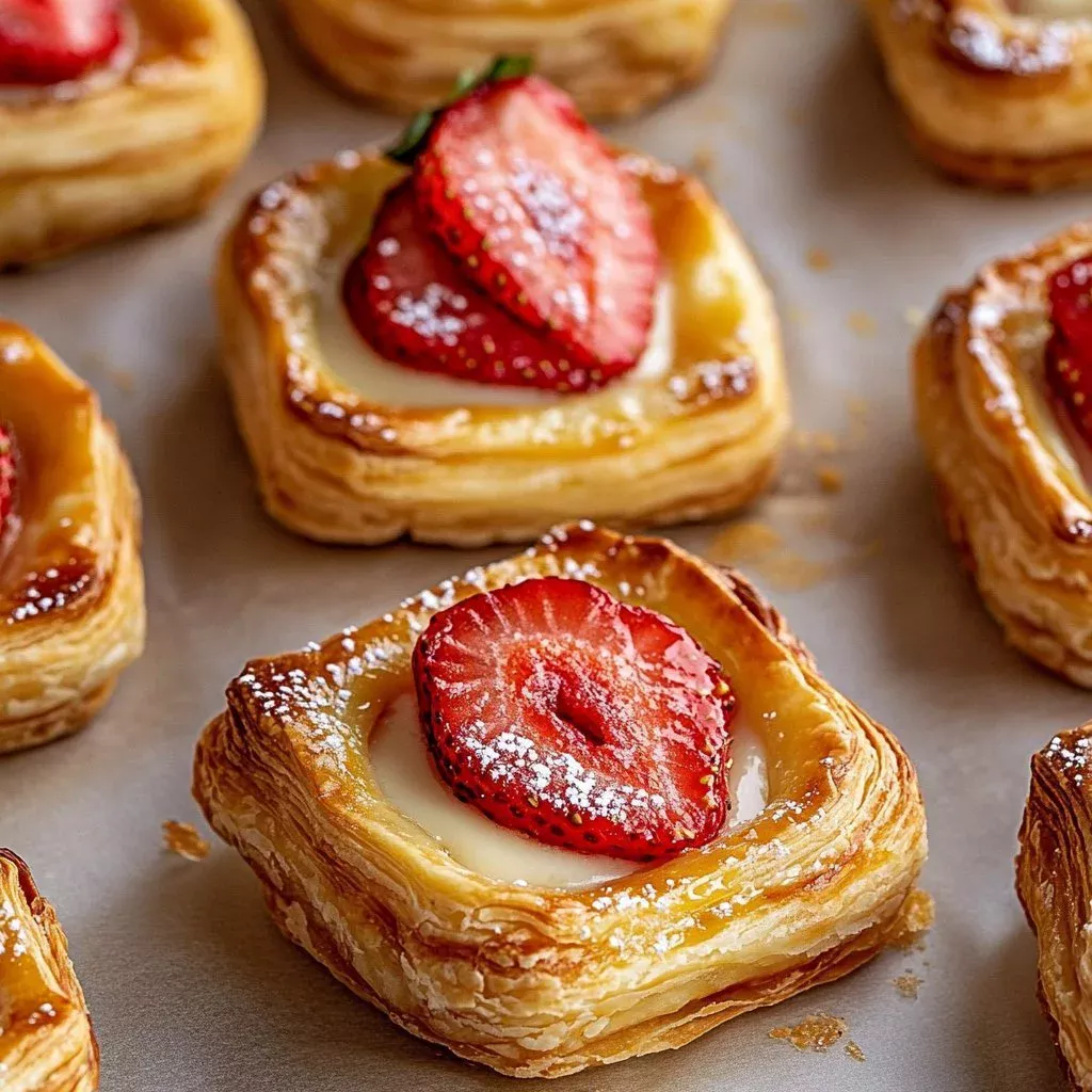 Freshly baked Strawberry Danish Pastry topped with luscious strawberries