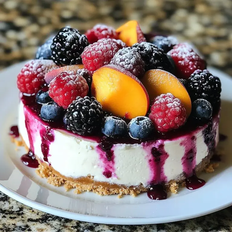 Delicious summer berry peach cheesecake topped with fresh berries and peach slices