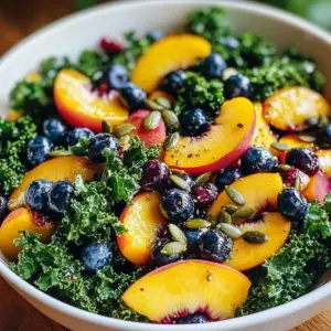 Fresh summer Peach Kale Salad with blueberries, a healthy and vibrant dish.
