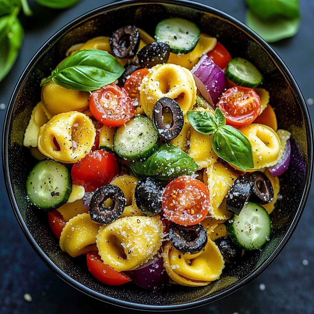 Colorful Sunny Tortellini Salad with fresh vegetables and herbs