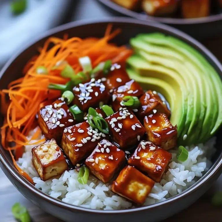 Sushi bowl featuring crispy tofu and fresh vegetables for a healthy meal