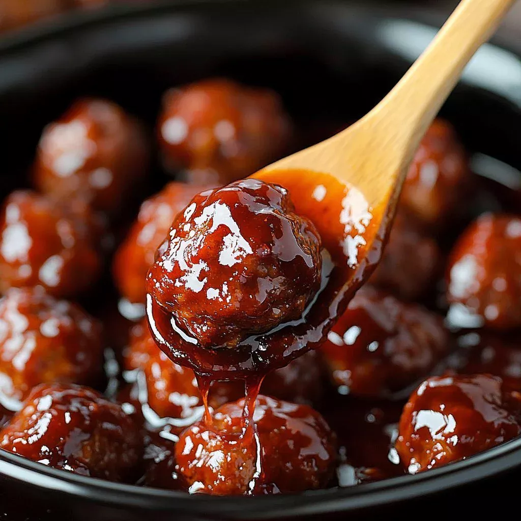 Sweet and tangy grape meatballs served on a platter with garnishes.