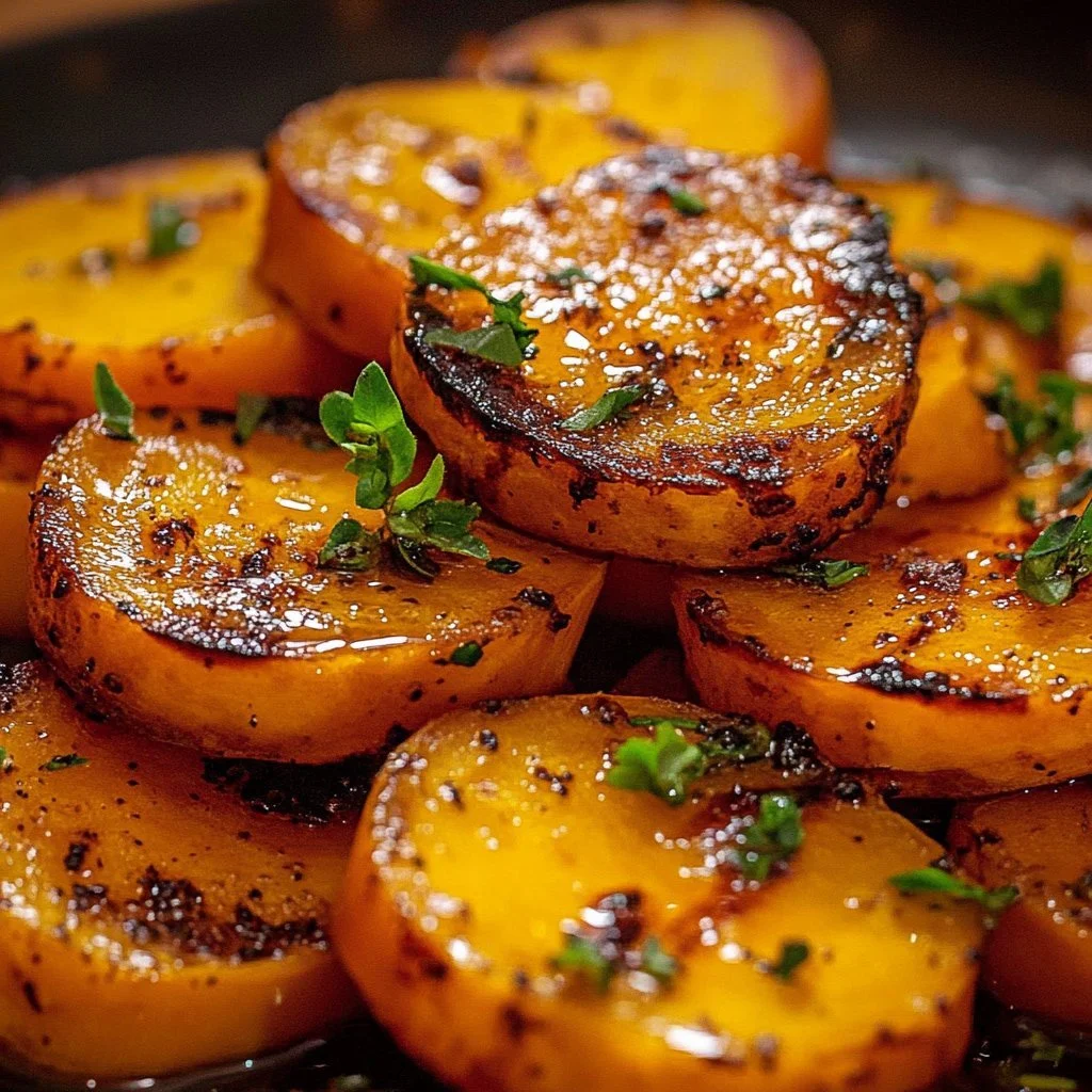 Sweet potatoes glazed with maple miso sauce served on a plate