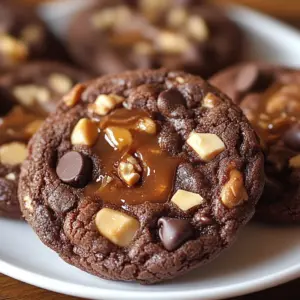 Swirled peanut butter brownie cookies on a plate, showcasing their rich texture.