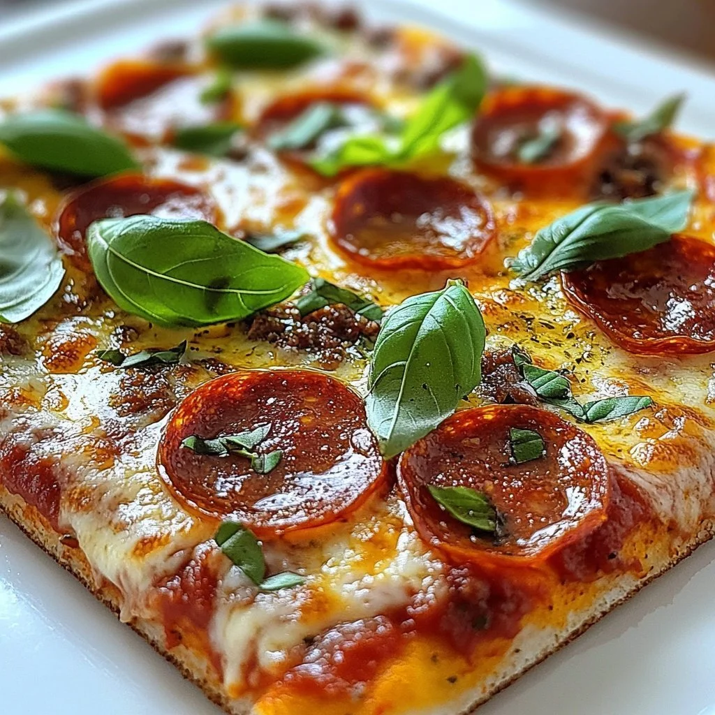 Three-Meat Pie with hamburger, sausage, and pepperoni on a wooden serving board