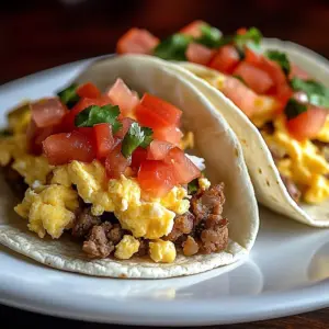 Three minute breakfast tacos made with eggs, tortillas, and fresh toppings.