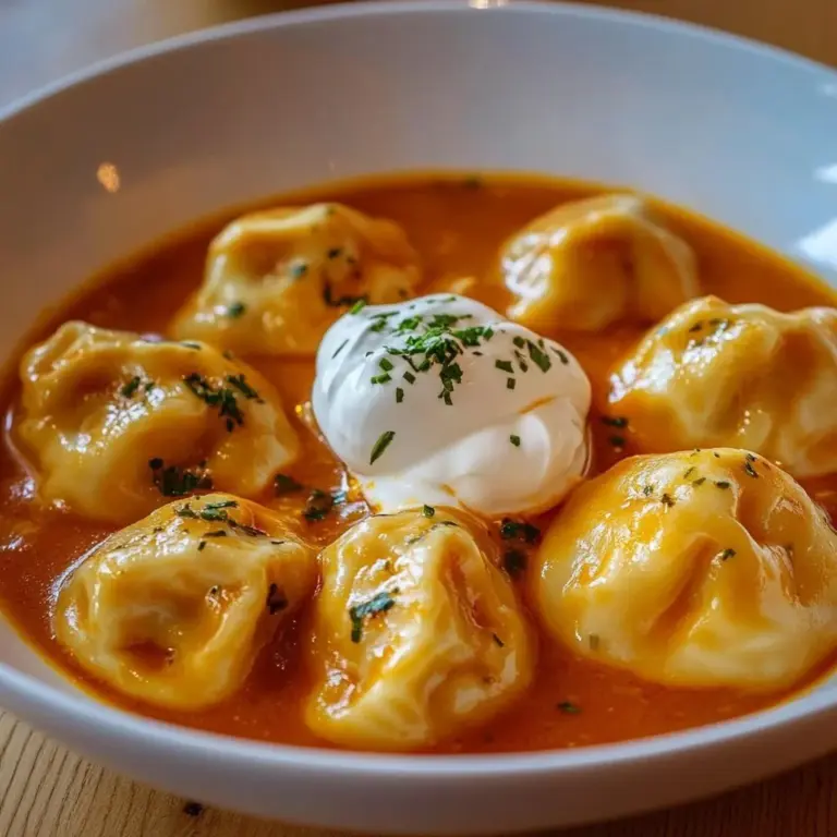 Bowl of tomato soup topped with fluffy cheese dumplings on a rustic table.