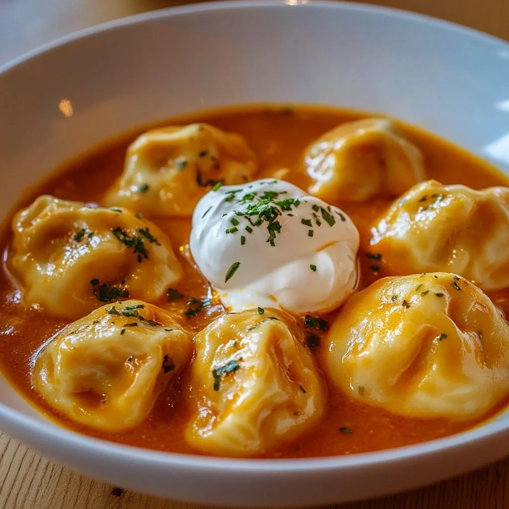 Bowl of tomato soup topped with fluffy cheese dumplings on a rustic table.