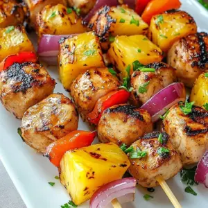 Grilled tropical chicken pineapple skewers on a platter