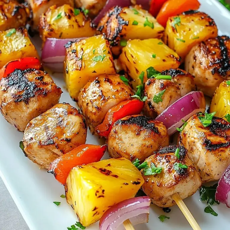 Grilled tropical chicken pineapple skewers on a platter