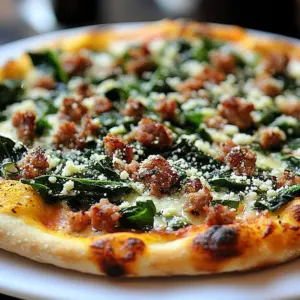 Turkey sausage pizza topped with broccoli rabe and melted cheese