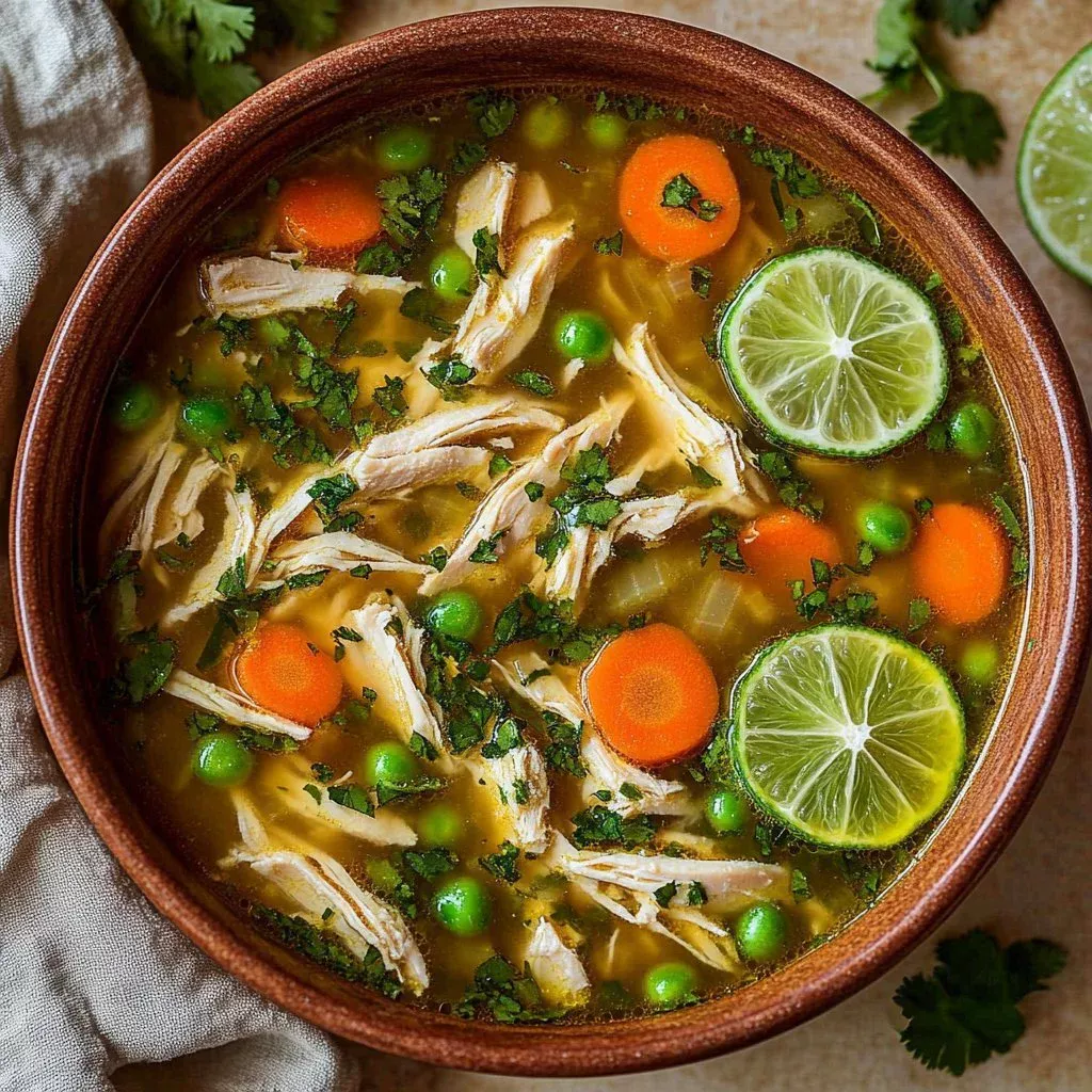 A bowl of turmeric chicken soup garnished with herbs, perfect for inflammation relief.