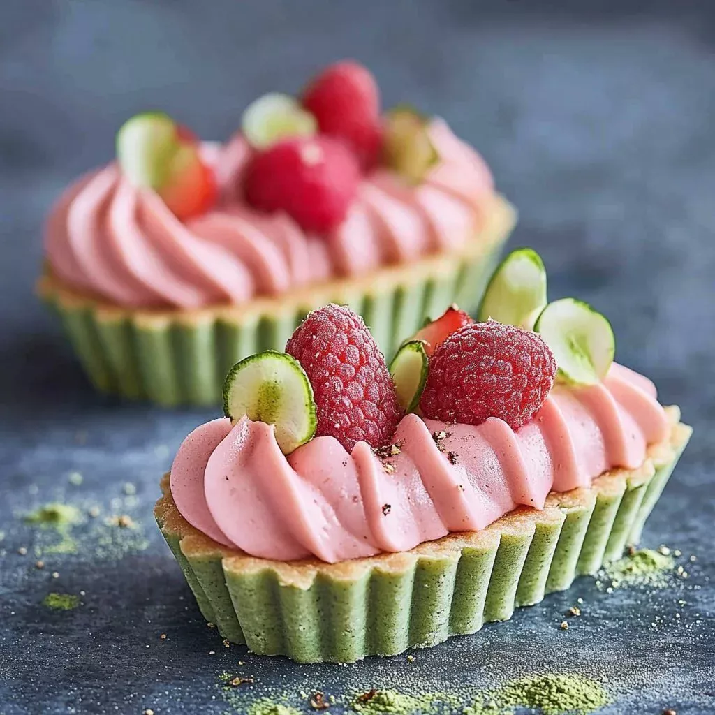 Vibrant strawberry matcha tart topped with fresh strawberries on a green matcha crust.
