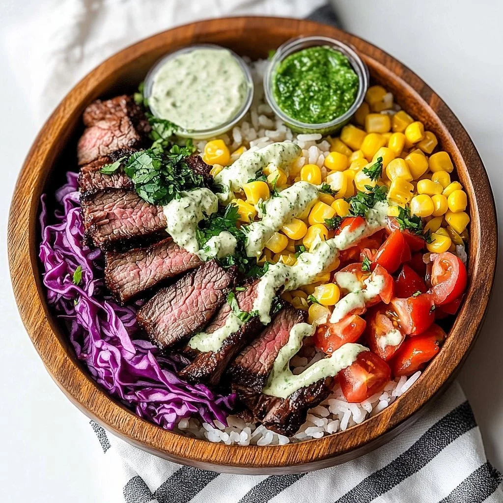 Zesty cilantro lime steak bowls topped with fresh vegetables and lime.
