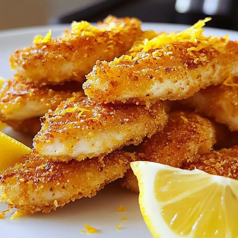 Zesty Lemon Romano Chicken cutlets garnished with lemon slices and herbs