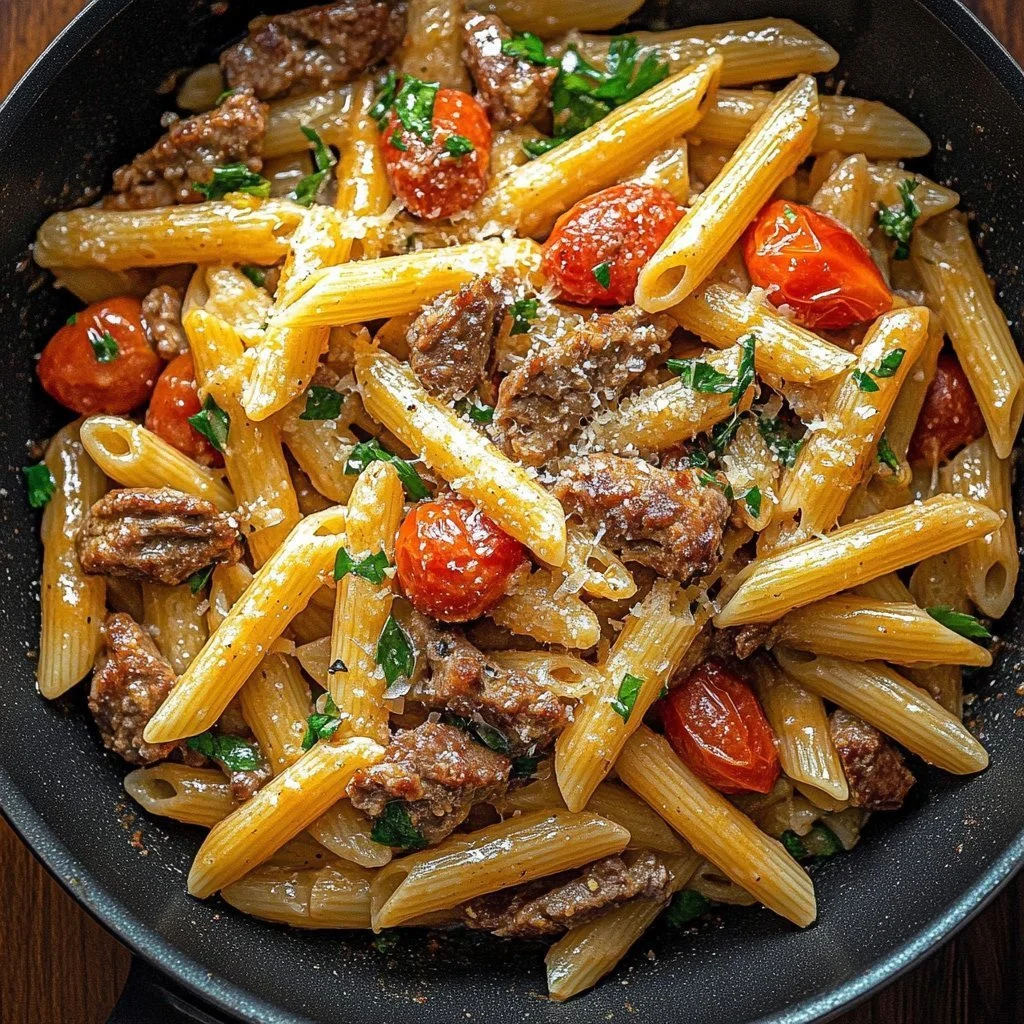 Zesty One-Pot Steak Pasta dish served with herbs and grated cheese
