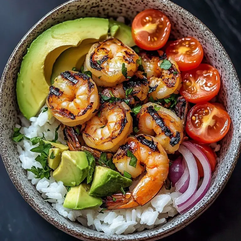 Zesty shrimp avocado bowl garnished with lime and cilantro